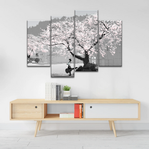 Girl Carry Cello Under Cherry Blossom Tree Photo On Canvas Print