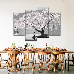 Girl Carry Cello Under Cherry Blossom Tree Photo On Canvas Print