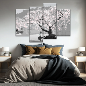 Girl Carry Cello Under Cherry Blossom Tree Photo On Canvas Print