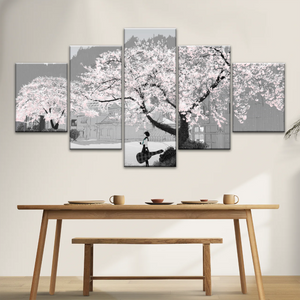 Girl Carry Cello Under Cherry Blossom Tree Photo On Canvas Print