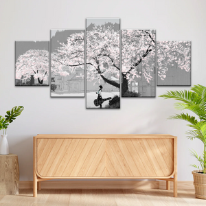 Girl Carry Cello Under Cherry Blossom Tree Photo On Canvas Print