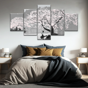 Girl Carry Cello Under Cherry Blossom Tree Photo On Canvas Print
