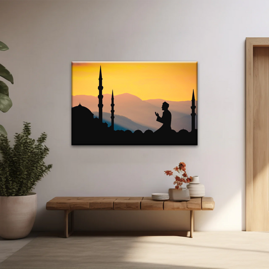 Islamic Ramadan, Silhouette of Man Praying On Masjid Temple Wall Art