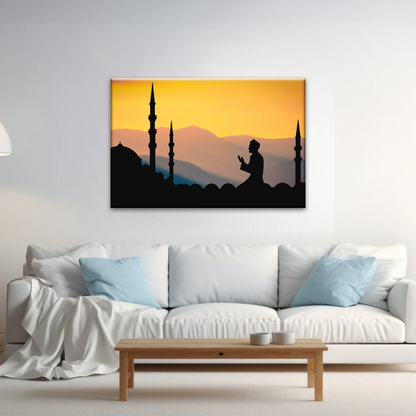 Islamic Ramadan, Silhouette of Man Praying On Masjid Temple Wall Art