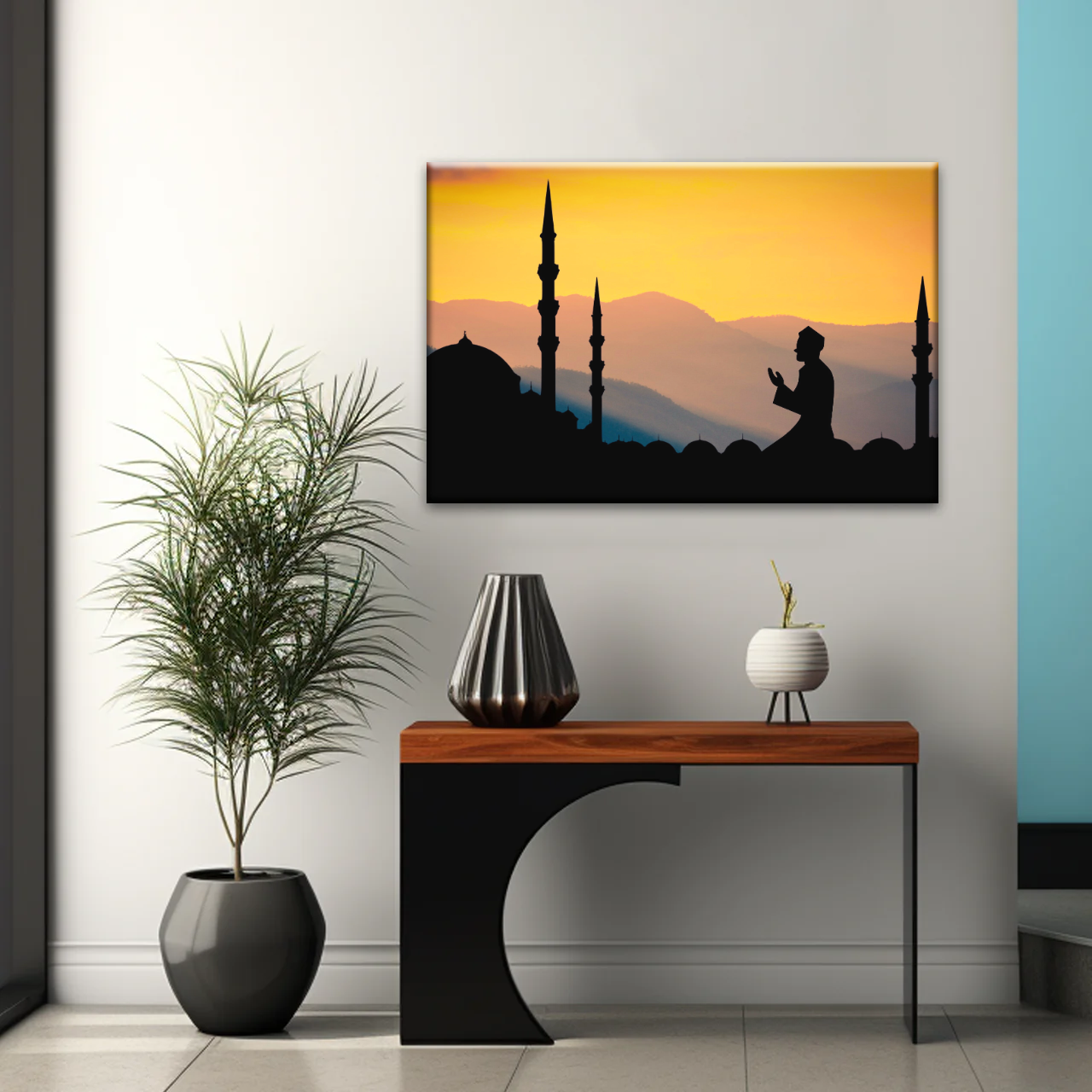 Islamic Ramadan, Silhouette of Man Praying On Masjid Temple Wall Art