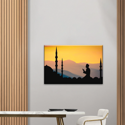 Islamic Ramadan, Silhouette of Man Praying On Masjid Temple Wall Art