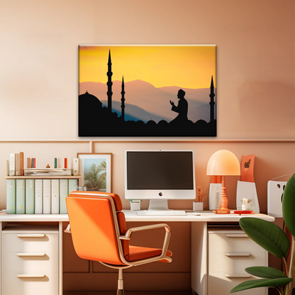 Islamic Ramadan, Silhouette of Man Praying On Masjid Temple Wall Art