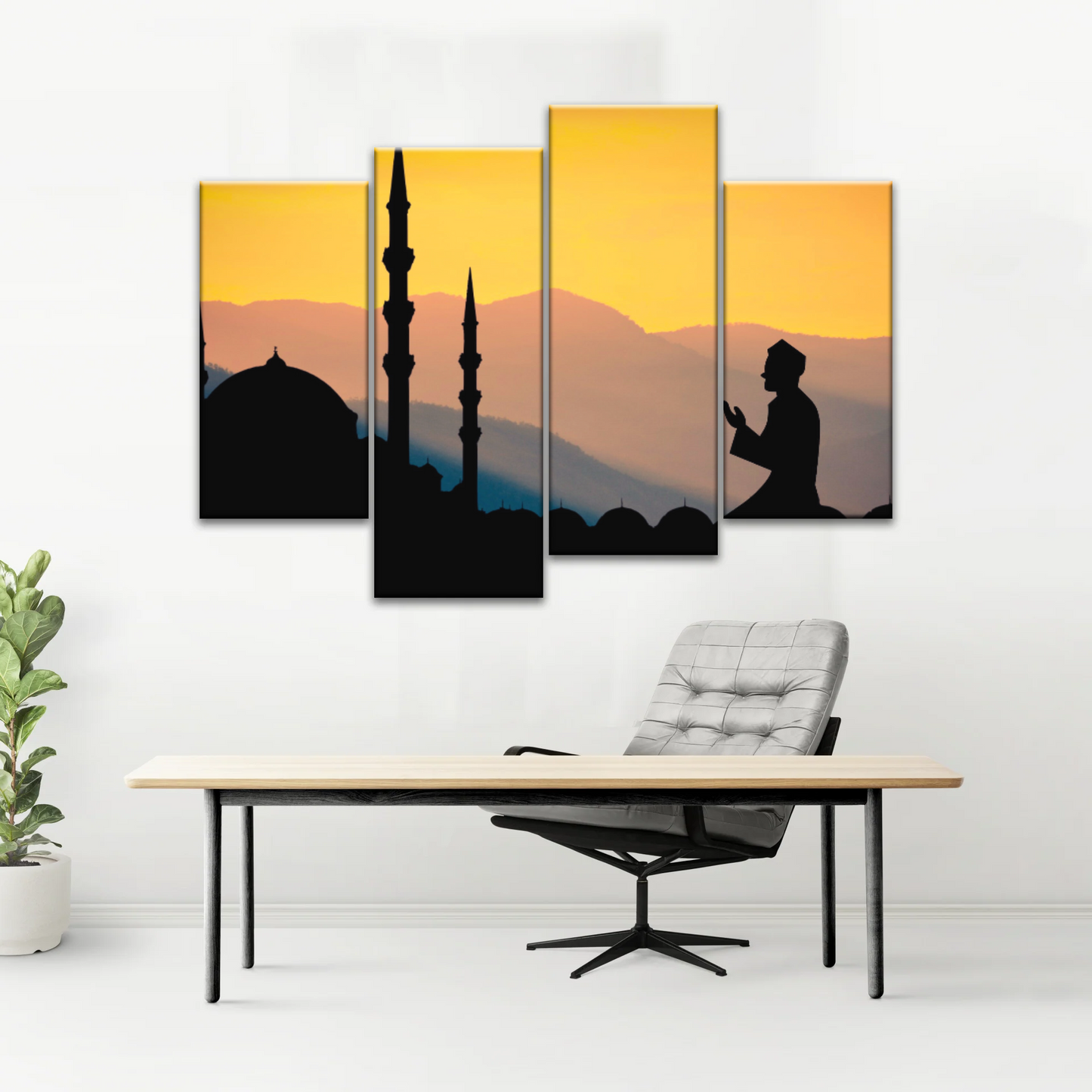 Islamic Ramadan, Silhouette of Man Praying On Masjid Temple Wall Art