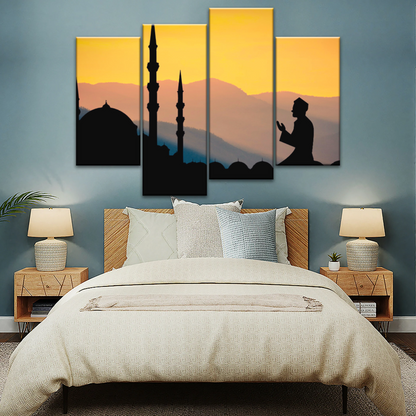 Islamic Ramadan, Silhouette of Man Praying On Masjid Temple Wall Art