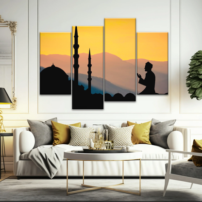 Islamic Ramadan, Silhouette of Man Praying On Masjid Temple Wall Art