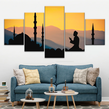Islamic Ramadan, Silhouette of Man Praying On Masjid Temple Wall Art