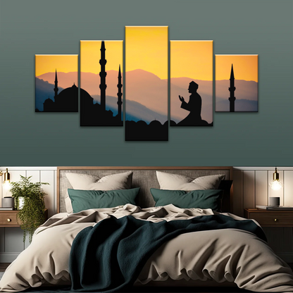 Islamic Ramadan, Silhouette of Man Praying On Masjid Temple Wall Art