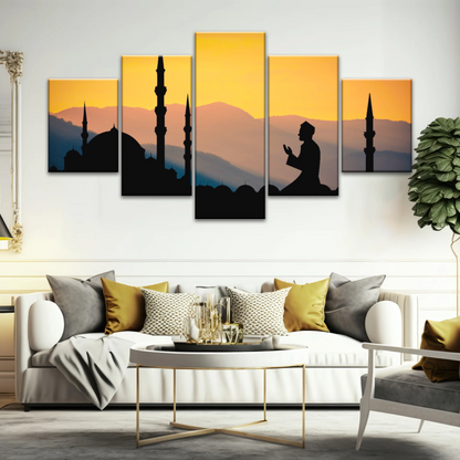 Islamic Ramadan, Silhouette of Man Praying On Masjid Temple Wall Art