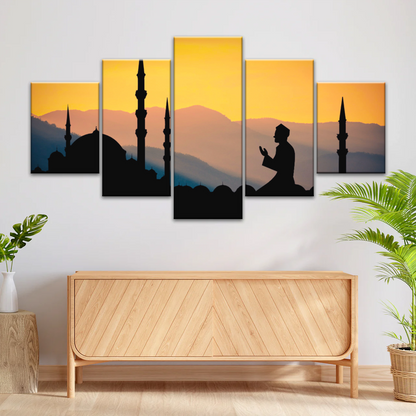 Islamic Ramadan, Silhouette of Man Praying On Masjid Temple Wall Art