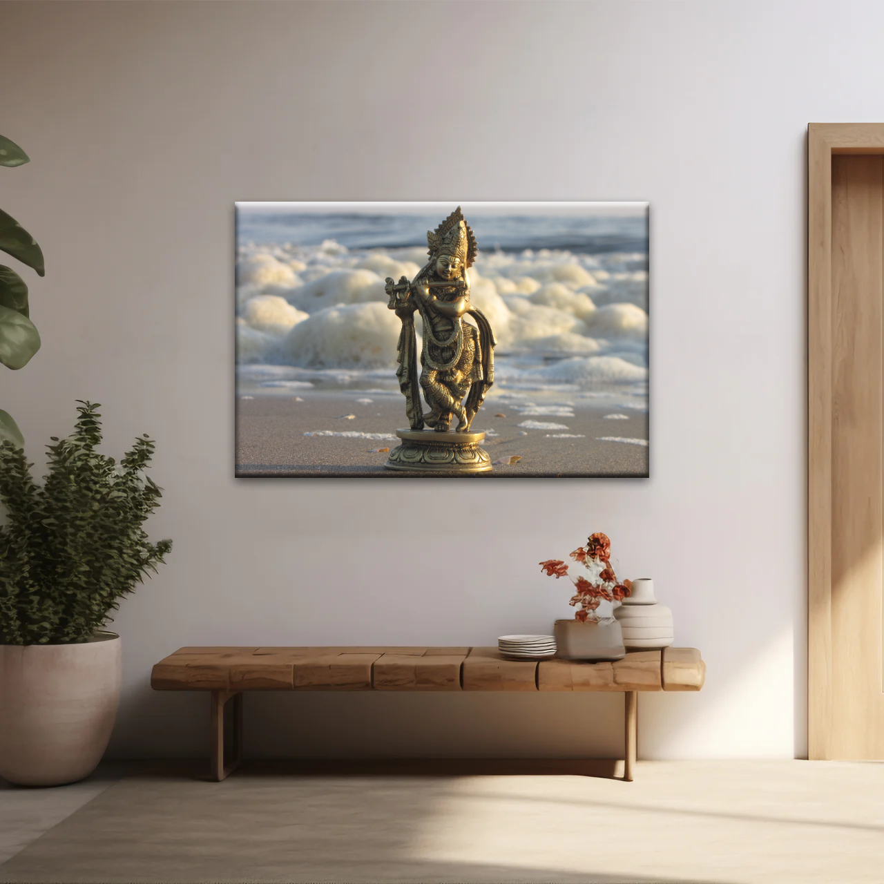 Krishna - Gold Oriental Woman Playing Flute Sculpture Wall Art