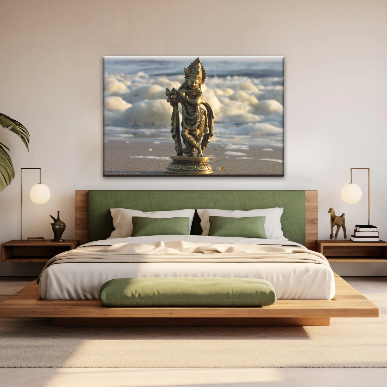 Krishna - Gold Oriental Woman Playing Flute Sculpture Wall Art