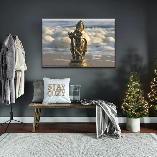 Krishna - Gold Oriental Woman Playing Flute Sculpture Wall Art