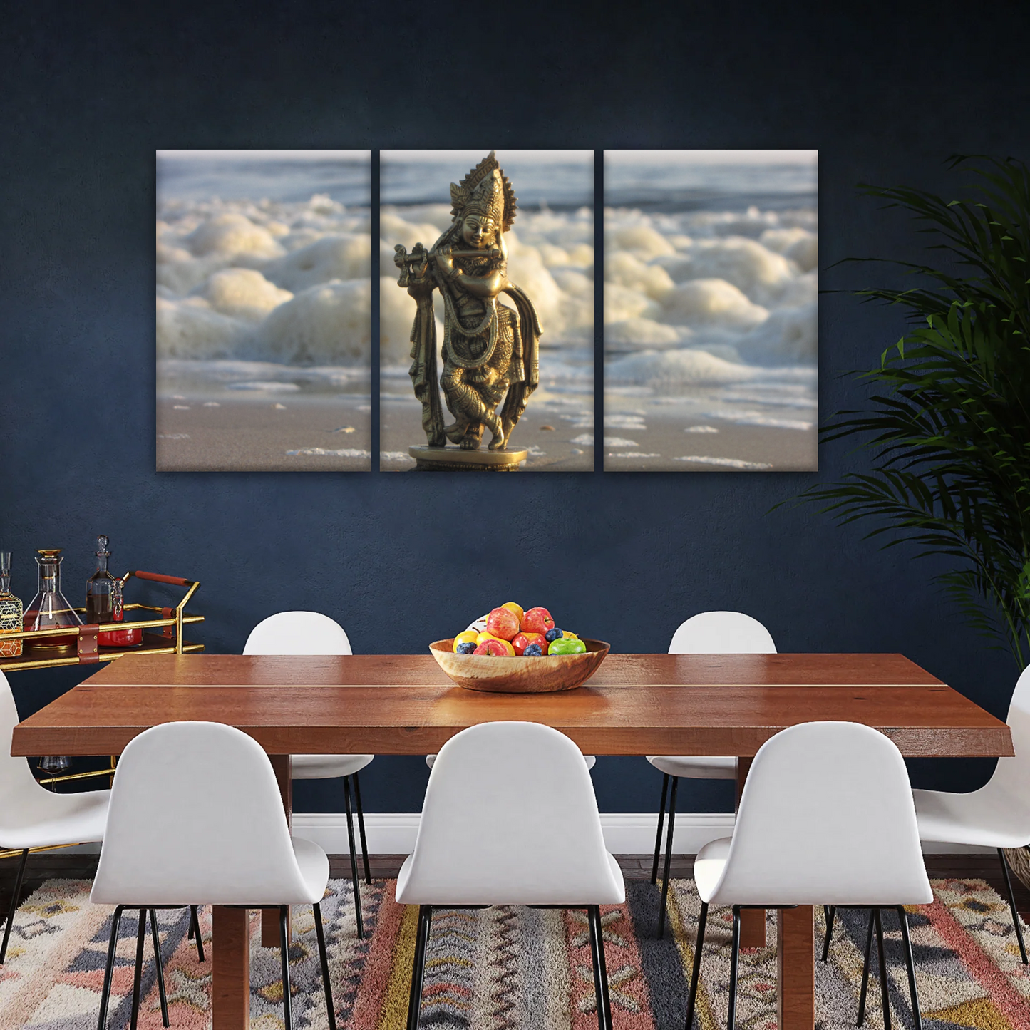 Krishna - Gold Oriental Woman Playing Flute Sculpture Wall Art