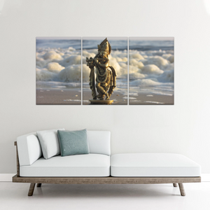 Krishna - Gold Oriental Woman Playing Flute Sculpture Wall Art