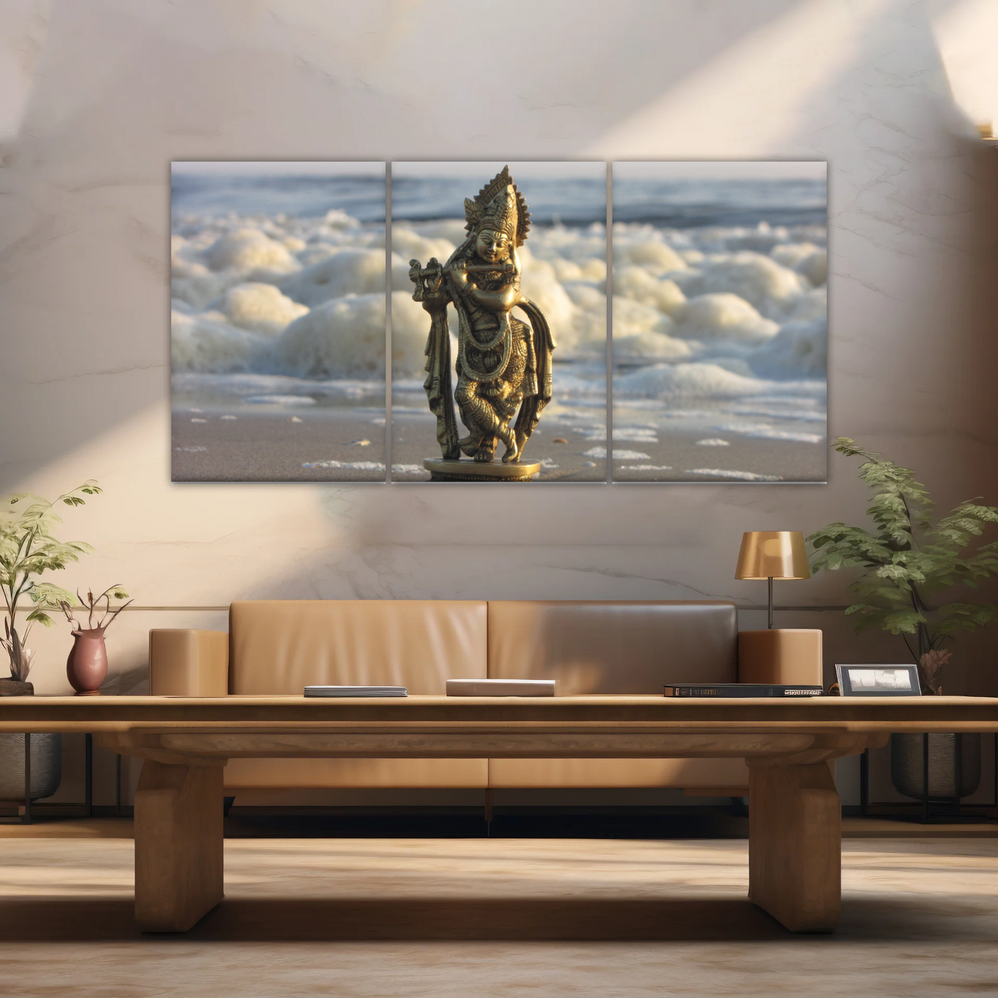 Krishna - Gold Oriental Woman Playing Flute Sculpture Wall Art