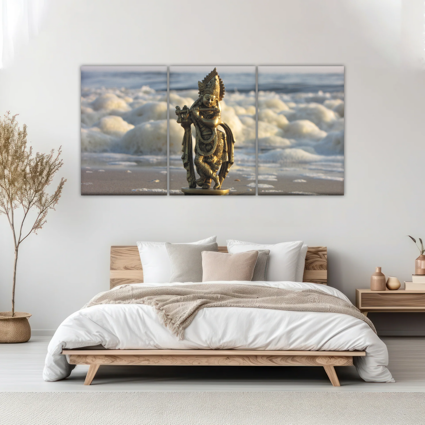 Krishna - Gold Oriental Woman Playing Flute Sculpture Wall Art