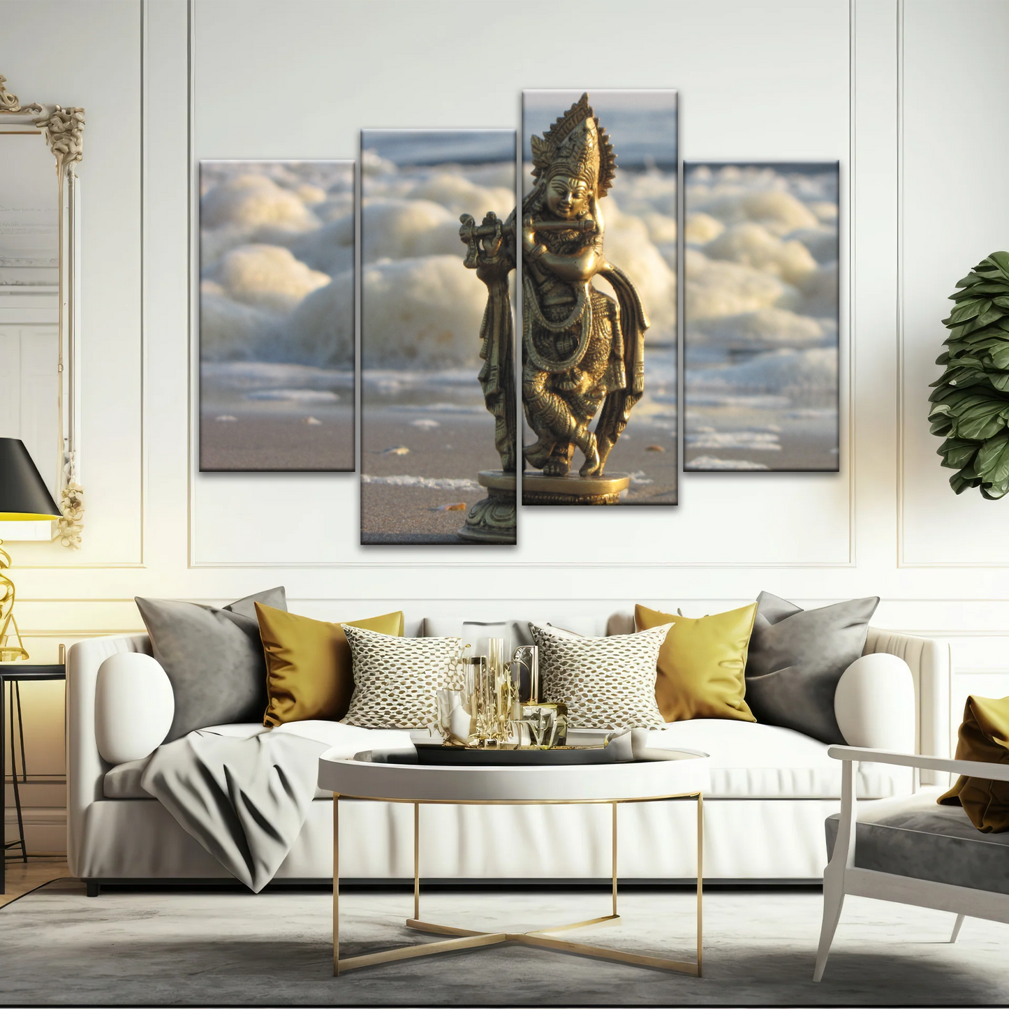 Krishna - Gold Oriental Woman Playing Flute Sculpture Wall Art