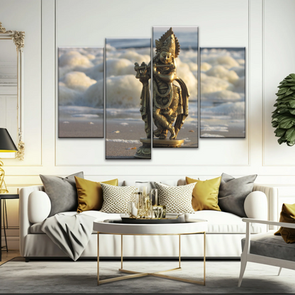 Krishna - Gold Oriental Woman Playing Flute Sculpture Wall Art