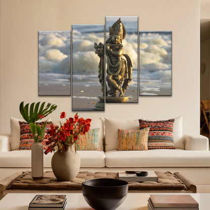 Krishna - Gold Oriental Woman Playing Flute Sculpture Wall Art