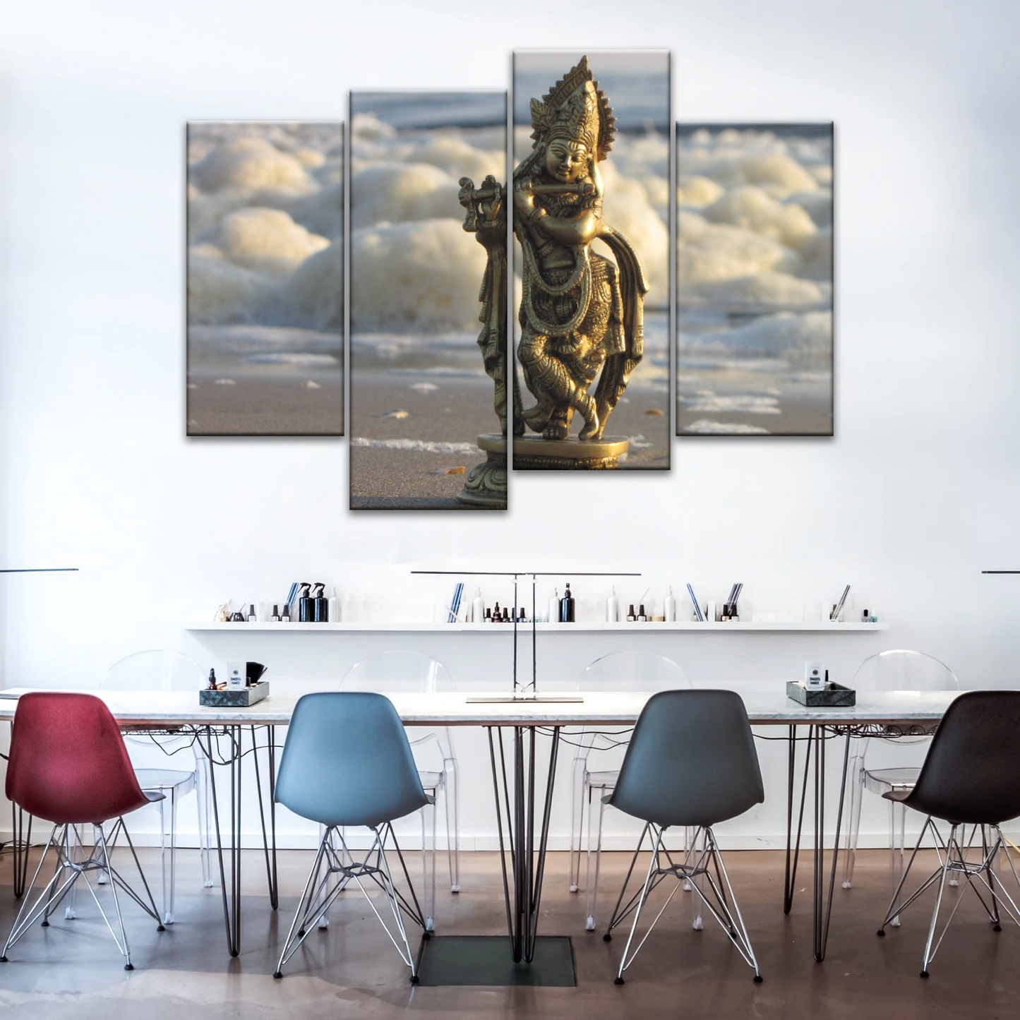 Krishna - Gold Oriental Woman Playing Flute Sculpture Wall Art