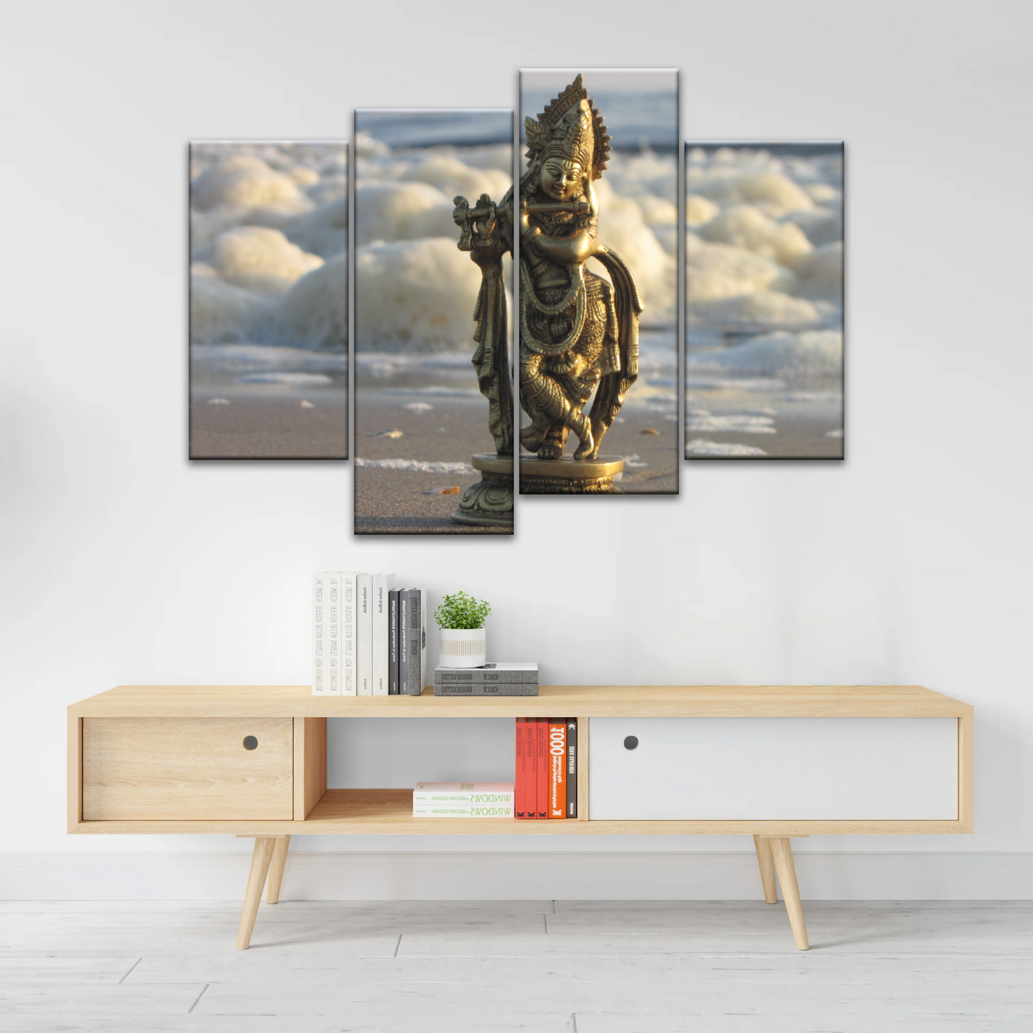 Krishna - Gold Oriental Woman Playing Flute Sculpture Wall Art