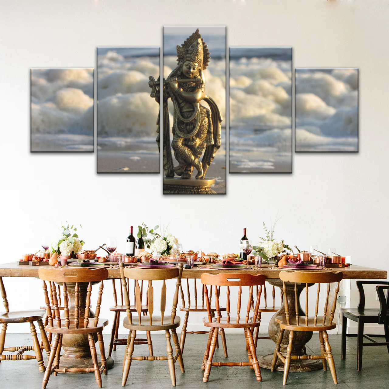 Krishna - Gold Oriental Woman Playing Flute Sculpture Wall Art