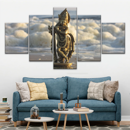 Krishna - Gold Oriental Woman Playing Flute Sculpture Wall Art