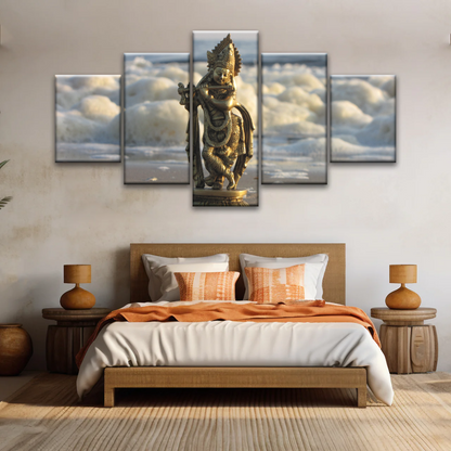 Krishna - Gold Oriental Woman Playing Flute Sculpture Wall Art