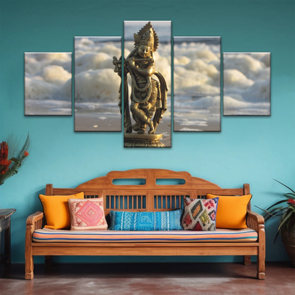 Krishna - Gold Oriental Woman Playing Flute Sculpture Wall Art