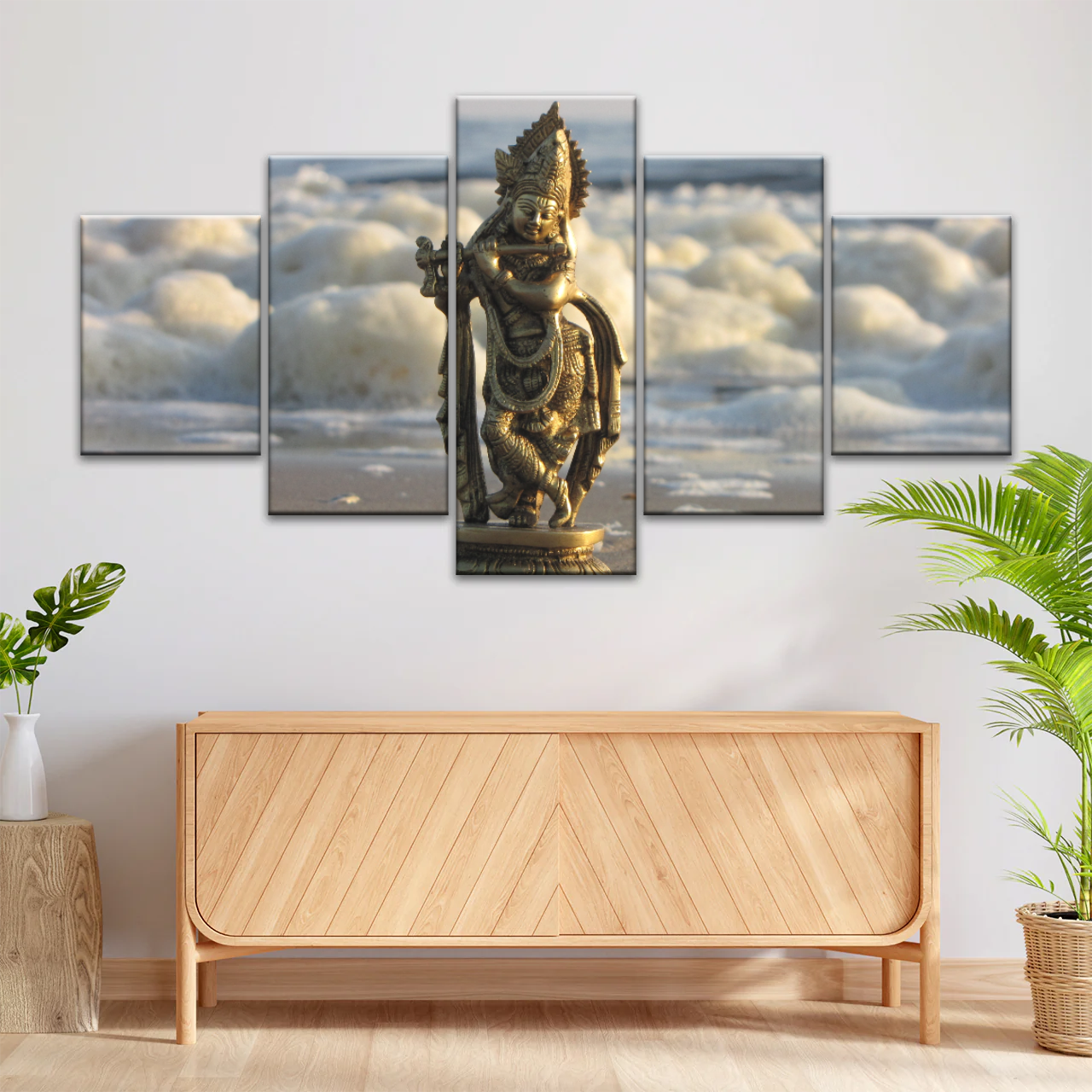 Krishna - Gold Oriental Woman Playing Flute Sculpture Wall Art