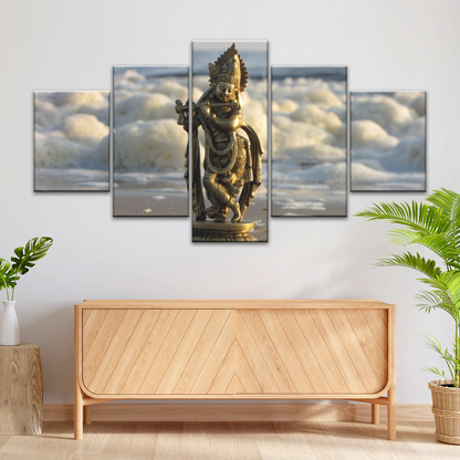 Krishna - Gold Oriental Woman Playing Flute Sculpture Wall Art