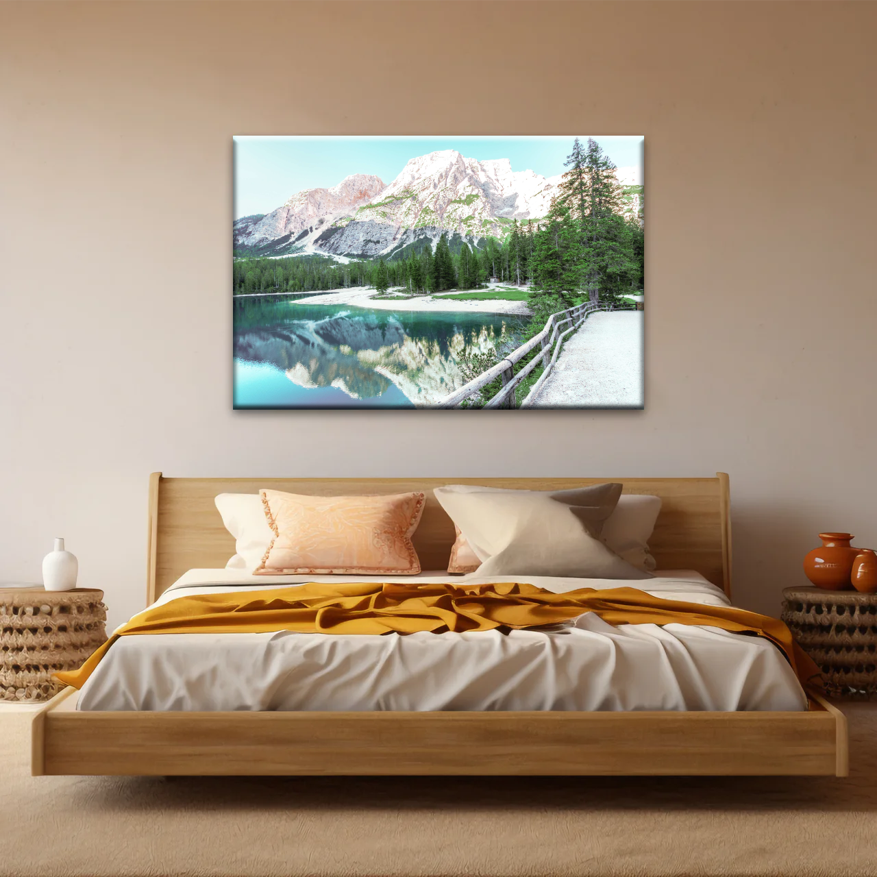 Lush Coniferous Trees Beside Lake Under The Snow-capped Mountains Wall Art