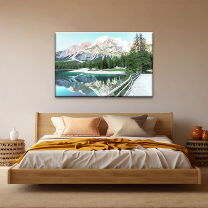 Lush Coniferous Trees Beside Lake Under The Snow-capped Mountains Wall Art
