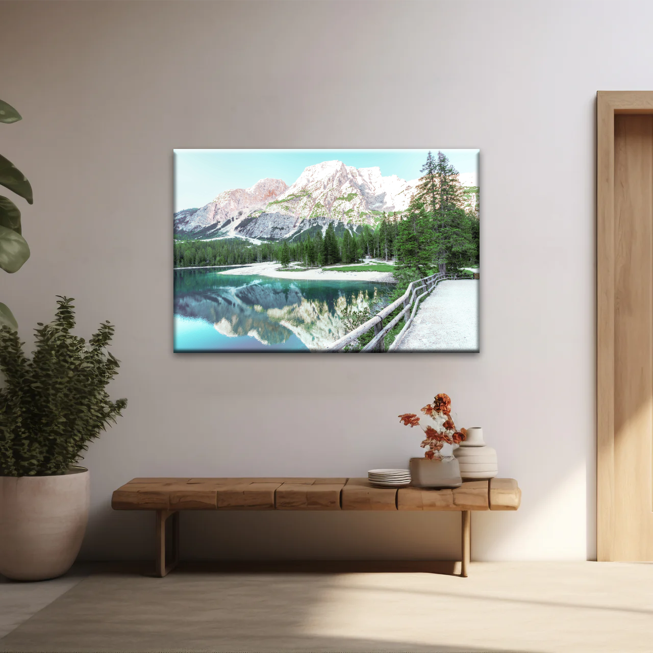 Lush Coniferous Trees Beside Lake Under The Snow-capped Mountains Wall Art
