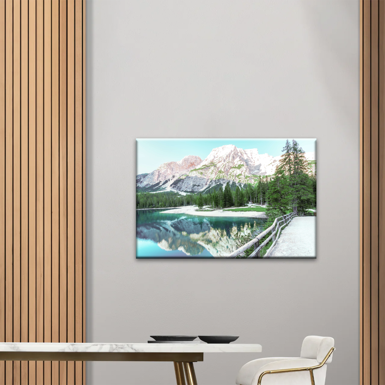 Lush Coniferous Trees Beside Lake Under The Snow-capped Mountains Wall Art