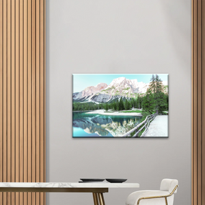 Lush Coniferous Trees Beside Lake Under The Snow-capped Mountains Wall Art