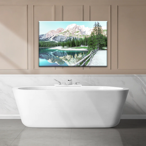 Lush Coniferous Trees Beside Lake Under The Snow-capped Mountains Wall Art