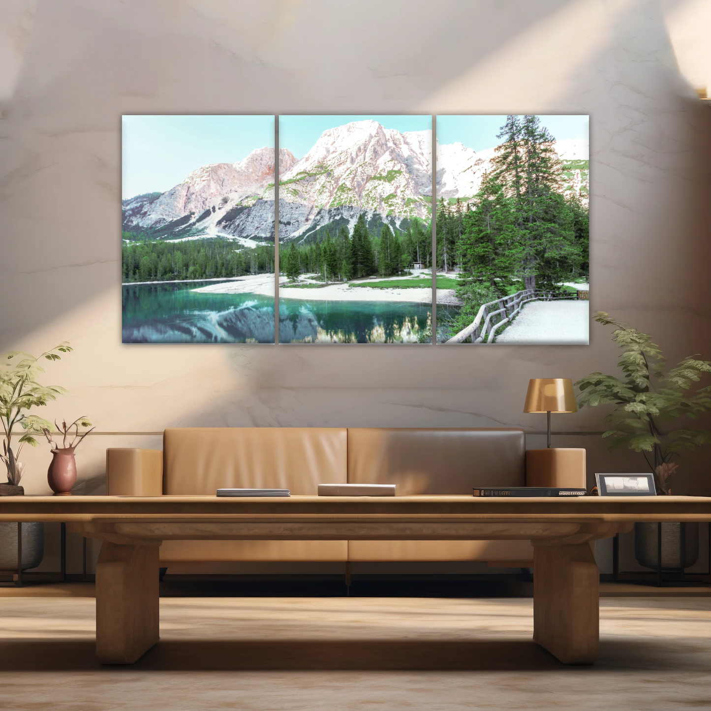 Lush Coniferous Trees Beside Lake Under The Snow-capped Mountains Wall Art