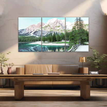 Lush Coniferous Trees Beside Lake Under The Snow-capped Mountains Wall Art