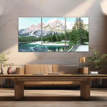 Load image into Gallery viewer, Lush Coniferous Trees Beside Lake Under The Snow-capped Mountains Wall Art