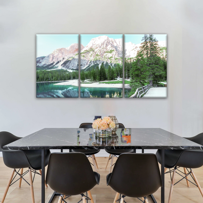Lush Coniferous Trees Beside Lake Under The Snow-capped Mountains Wall Art