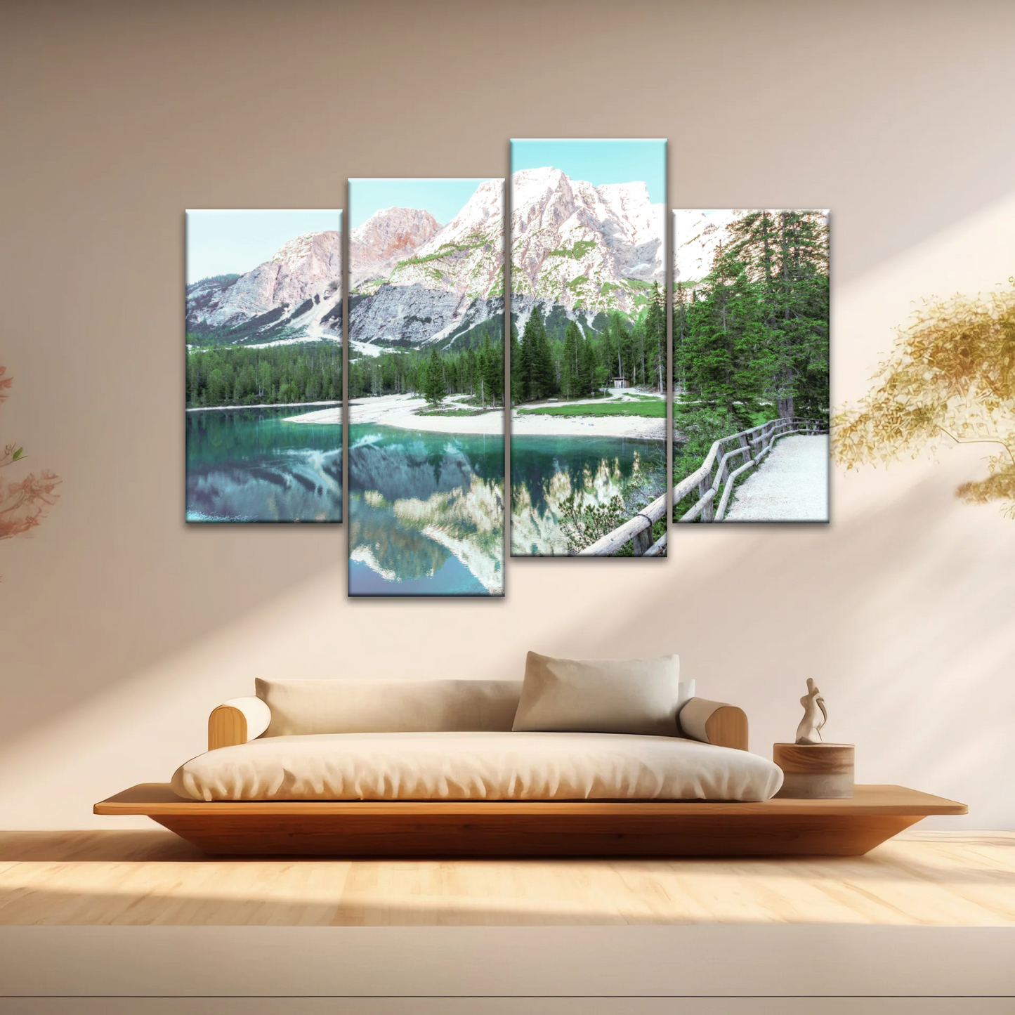 Lush Coniferous Trees Beside Lake Under The Snow-capped Mountains Wall Art