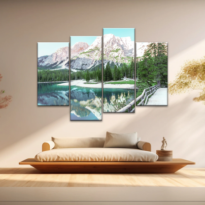 Lush Coniferous Trees Beside Lake Under The Snow-capped Mountains Wall Art