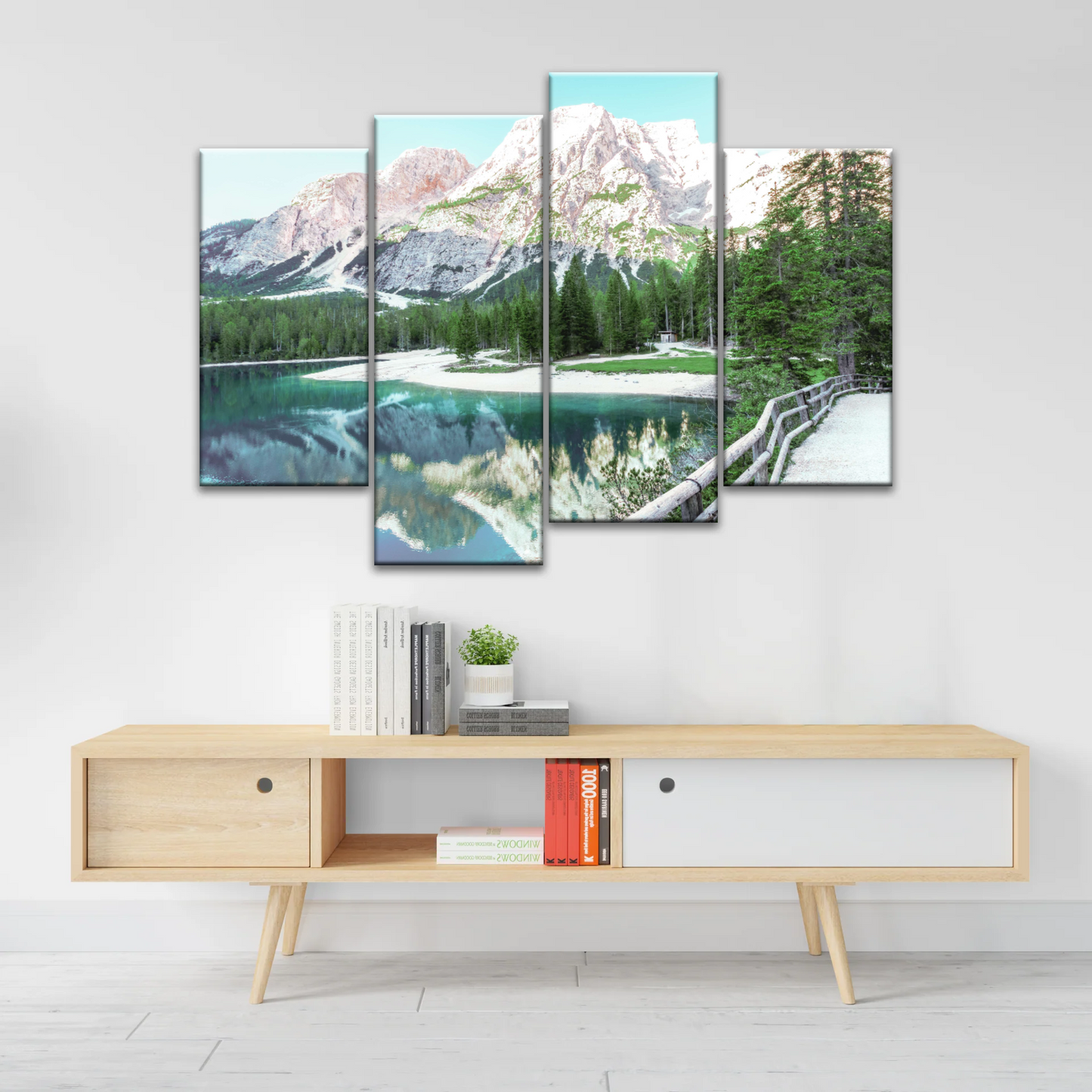Lush Coniferous Trees Beside Lake Under The Snow-capped Mountains Wall Art