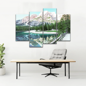 Lush Coniferous Trees Beside Lake Under The Snow-capped Mountains Wall Art